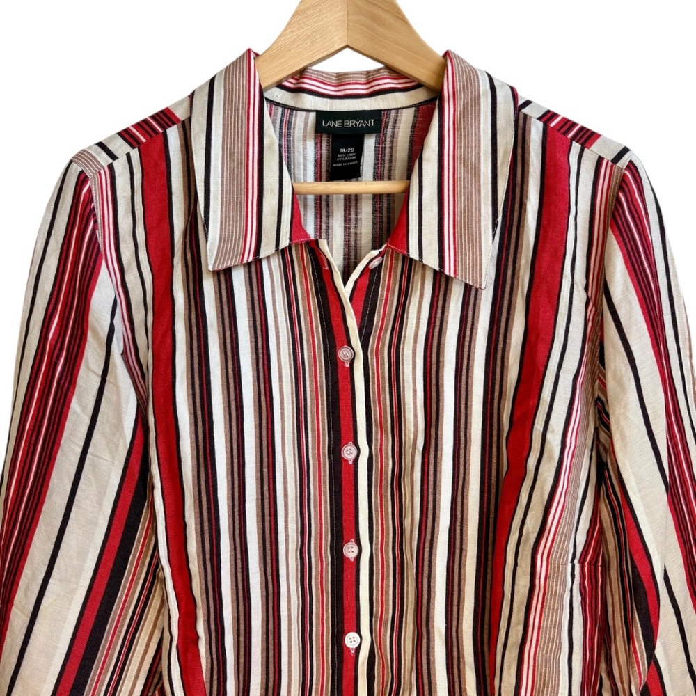 Lane Bryant Shirt Women 18/20 Plus Red Striped Button Up Collared 3/4 Sleeve - Picture 5 of 8